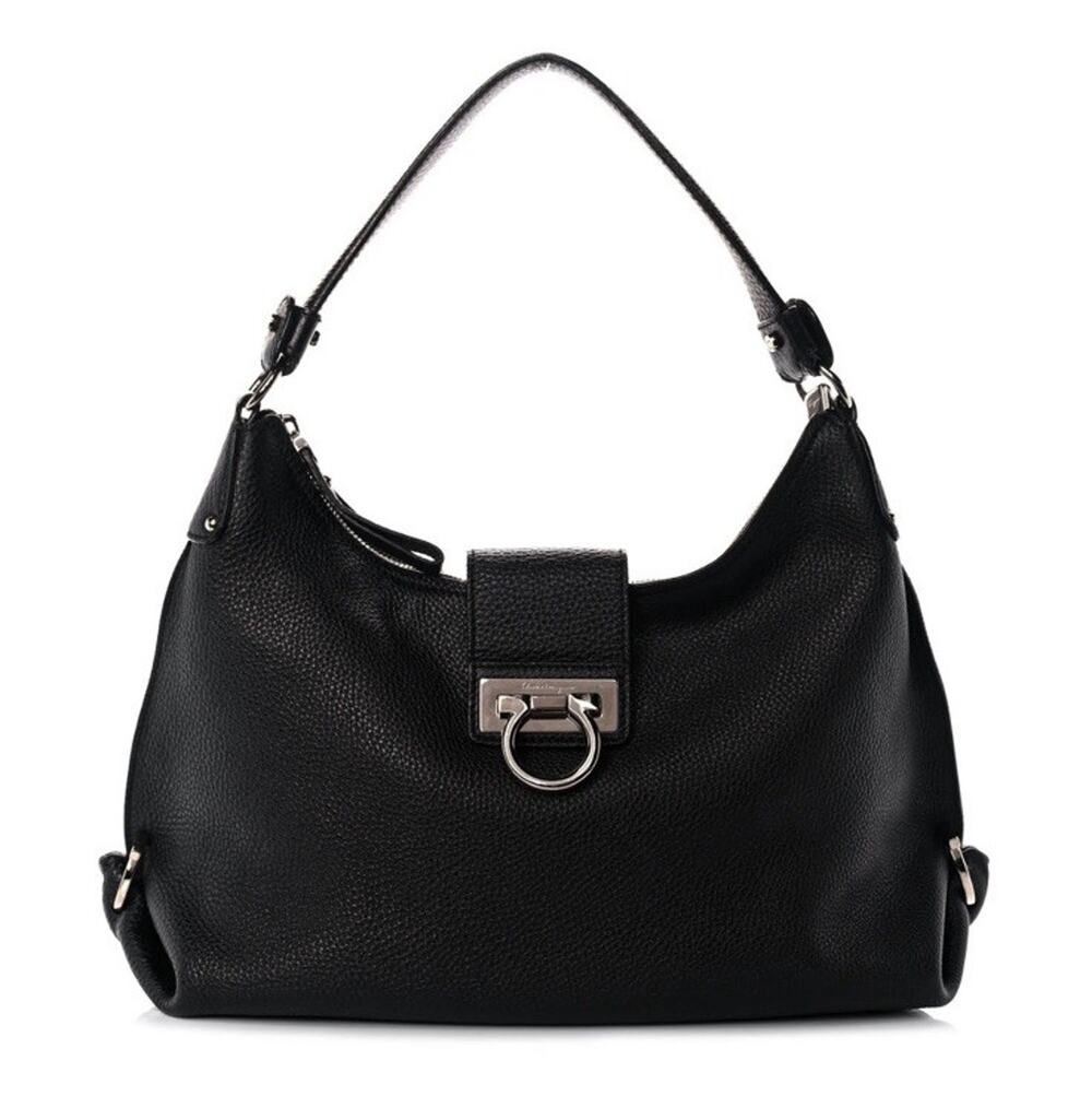 Salvatore Ferragamo Fanisa Gancini Large Black Leather Hobo Bag Italy
